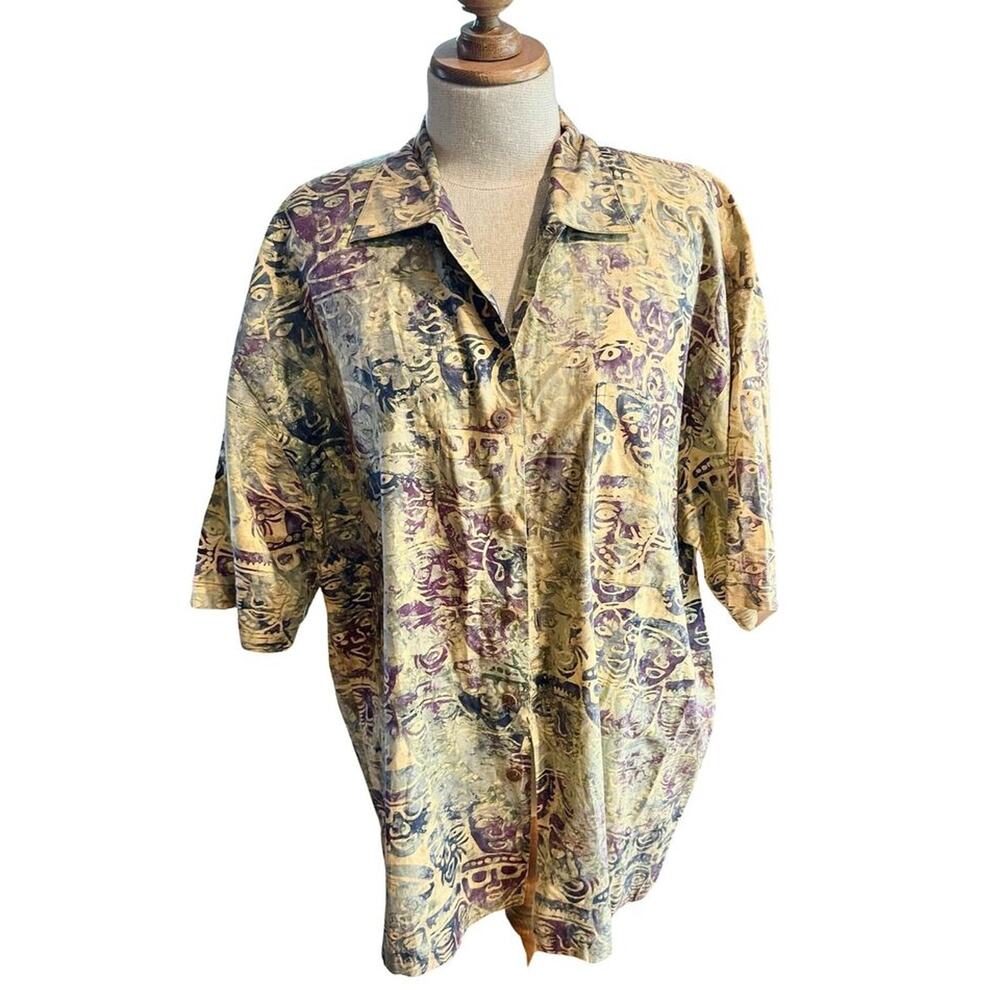 Vintage Men’s Hilo Hattie Face Tapestry Printed Hawaiian Shirt Button Down